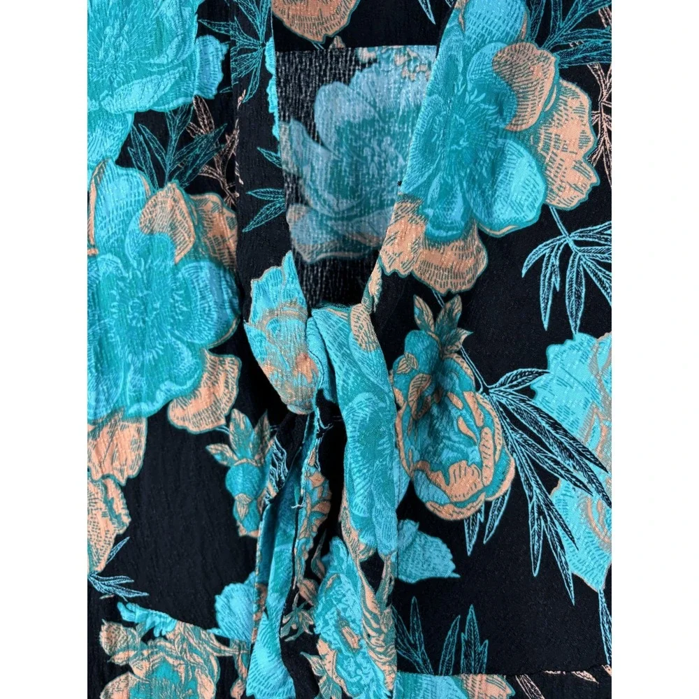 Soft Surroundings Womens M Teal Floral Maxi Dress Black Viscose Tie Front Boho